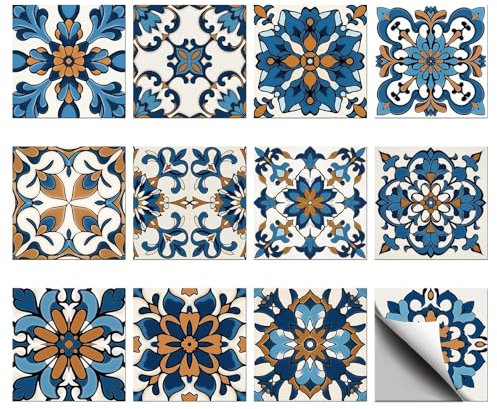 CHGCRAFT 36Pz 12 Motivi Adesivi per Piastrelle 10x10cm Bianchi e Blu per Carta da Parati Rivelabili con Mandala Autoincollata Piastrelle per La cucina Bagno Camera da Letto Parete Camino