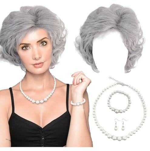 FUIPVGI Kostüm-Set für alte Dame, graues Oma-Perücken-Set mit Oma-Perücke, Kunstperlen, Halskette, Armband, Ohrringe, Oma-Perückenkappe für Halloween, Welttag des Buches, Maskerade, Karneval (grau)
