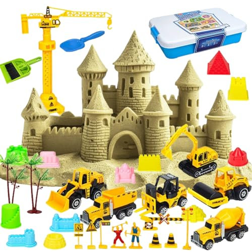 Umllpet 32-teiliges Kinetischer Sand Set, Baustellen-Spielzeug mit 1kg Magic Sand & faltbarem Koffer, Sensorisches Spielzeug für Jungen & Mädchen 3-8 Jahre Geschenk für Geburtstag & Kindertag