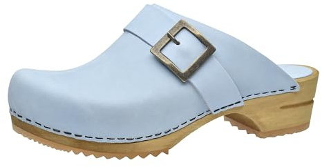 Sanita Urban | Zoccoli Aperti da Donna | Zoccoli in Pelle con Suola in Legno | Prodotto Originale Fatto Mano | Suola sostenibile | Azzurro | 40 EU