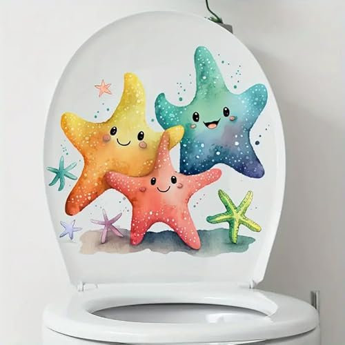 Starfish Star Sea World Flower Toilet Cover Sticker Decals,Spring Flower Leaf Butterfly Waterproof Toilet Lid Tank Seat Decals Cistern Self-Adhesive Bathroom Wall Sticker