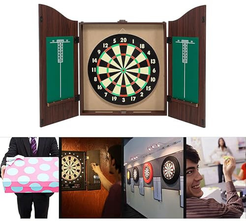 Massivholzborsten Dartscheibe Schrank Set mit 18 Dartscheiben und 6 Stahlspitzen-Dartpfeilen – Marker-Speicherplatte enthalten – klassische Dartscheibe für Bars, Clubs, Heimdekoration