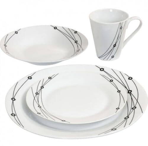 16pc Dinnerware Set - 4 Porcelain Bowls, 4 Mugs, 4 Side Plates & 4 Dinner Plates - Microwave & Dishwasher Safe - Ideal for Cereal, Desserts, Lunch, Dinner - Elegant Tableware (Black Floral)