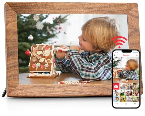Frameo WLAN Digitaler Bilderrahmen 10,1 Zoll, HD 1280 * 800 IPS Touchscreen Elektronischer FotoRahmen mit 32GB Speicher, Auto Drehung, Einfache Weitergabe von Fotos Videos über Frameo App