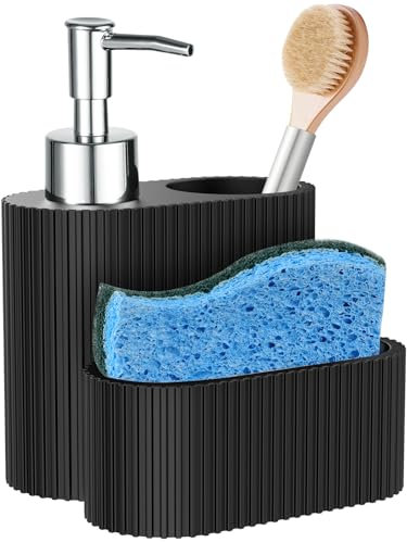 Shinowa Seifenspender mit Schwammhalter, Marmor Look flüssige Hand und Dish Seifenspender und Schwamm Caddy mit Bürstenhalter, 3 in 1 Countertop Veranstalter für Küche und Bad, Mattschwarz