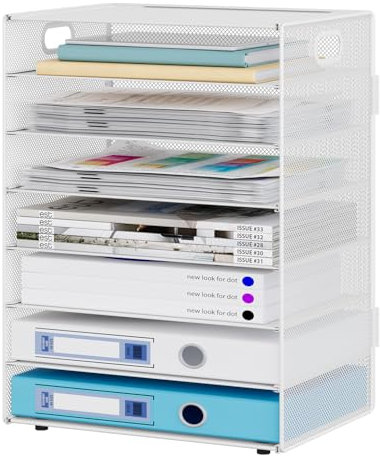 JEBELE 7 Niveaux Porte Revues Documents Organisateur de Bureau Banette Bac à Lettres Empilable Range Dossiers pour Bureau et Maison Format A4 en Métal, Blanc