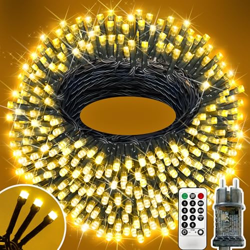 XURISEN 63M Lichterkette 500 LED Warmweiß Dunkelgrün Weihnachtsbaum Timer 8 Modi IP44 Wasserdicht Fernbedienung für Garten Balkon Weihnachtsdekoration