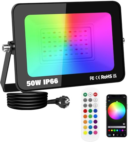 PICAA 50W RGB LED Strahler Außen APP-Steuerung 5000 LM Fluter mit Stecker | RGBW Farbwechsel Flutlicht mit Fernbedienung, 16 Million Farben Dimmbar Smart Flutlichtstrahler, Für Party Garten Bühne