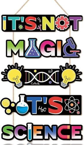 HPNIUB Inspirational Science Lab Classroom Wooden Wall Art, It’s Not Magic It’s Science Sign Hanging Plaque, Colorful Science Beaker Test Tube Wall Decoration for Kids Playroom Room