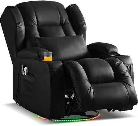 Oprisen Elektrisch Verstellbar Relaxsessel Kinosessel Fernsehsessel mit Liegefunktion Massage und Wärme TV Sessel Drehbar Liegesessel Sofa mit USB/LED/TYP C für Wohnzimmer,bis 150 kg (PU Schwarz)