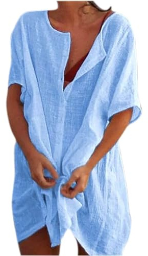 Robe De Plage Femme Ete - Pareo Plage Chemise Col Rond Kimono Élégant Cache Maillot De Bain Bikini Cover Up Tunique Casual en Coton, Chemisier Blouse Grande Taille pour Vacances, Beach, Piscine 2025