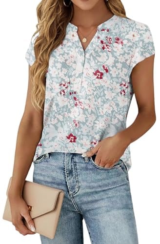 Cuptacc Chemise Femme Col en V Blouse Chic Élégant Manche Courte Haut Ete | Ete,Chiffon,Élégant,Mode,Casual,Manches Bouffantes,Boutons,Couleur Unie,Fleurs,Business,Basique