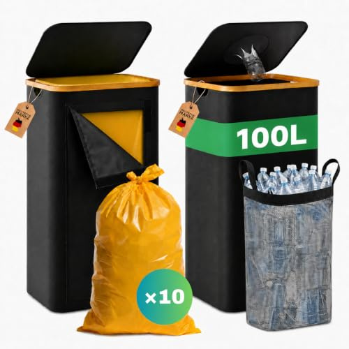 RMAN Set med 2 Sorterade Papperskorgar, 100L Sorteringskorgar för Inomhusbruk Vikbara Två Öppningar med Lock med 10 Stycken och Papperskorgar för Plast, Flaskor, Papper, Svart