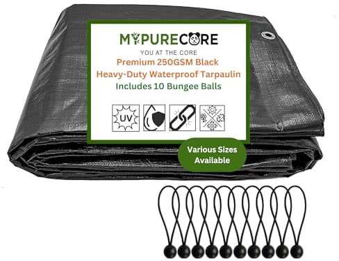 MYPURECORE Heavy Duty Waterproof Tarpaulin with 10 Bungee Balls – 250GSM Black Tarp for Outdoor Use – Durable Weatherproof Sheet for Camping, Garden, Trailer Tarp & Tent Protection (2m x 3m)