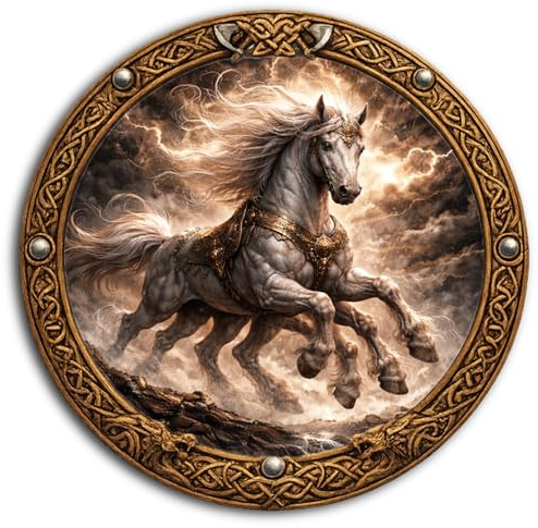 DARO Design - Viking Wandbilder Rund Ø 20 cm - Sleipnir Das achtbeinige Pferd – Nordische Mythologie & Mystic Motiv - Als Wandbild oder Aufsteller – Inkl. Wandhaken & Ständer Aufsteller