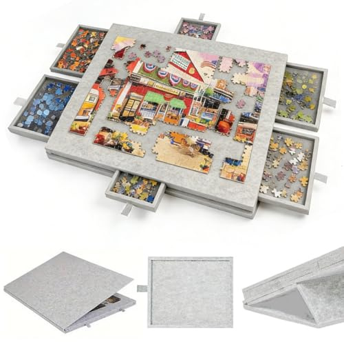 Piashow Puzzletisch für 1000 Teile, Puzzlebrett mit verstellbarem Ständer | Puzzlematte für Puzzle bis 1000 Teile mit 6 Sortierschubladen, Filzbrett, tragbar und mit Abdeckung
