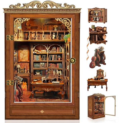 Book Nook Bausatz für Erwachsene - 3D Holzpuzzle Magische Bibliothek Bücherregal Einsatz Dekor mit Staubschutz und LED Licht - Miniatur Haus Set zum Basteln für Erwachsene Kreatives Bastelgeschenk