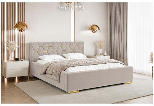 MEBLINI Versal Polsterbett 180x200 mit Stauraum - Lattenrost und Bettkasten - Kopfteil Bett mit Stauraum - Doppelbett - Stauraumbett - Betten - 180x200 - Beige Samt ohne Matratze