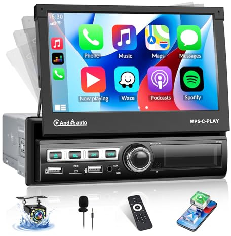 SIXWIN 1 Din Autoradio con Schermo Touch da 7 Pollici a Scomparsa Automatica – Supporta Wired CarPlay, Android Auto e Mirror Link – Bluetooth, FM, USB, AUX, TF, Mic + Telecamera
