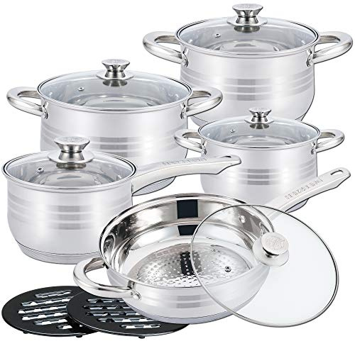Herzberg Batteria da Cucina 12 Pezzi Acciaio Inox Lucido con Coperchi | acciaio inox lucido, coperchi in vetro, manici rivettati, set completo, facile da pulire, pentole e casseruole
