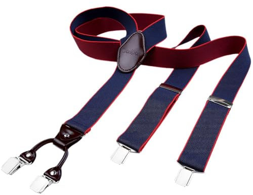 DonDon Hosenträger Herren extra stark dunkelblau 3,5 cm Hosenträger Herren breit mit brauem Leder in Y-Form lang - Starke Clips passend für Anzug Jeans Chinos Vintage Rockabilly Suspenders