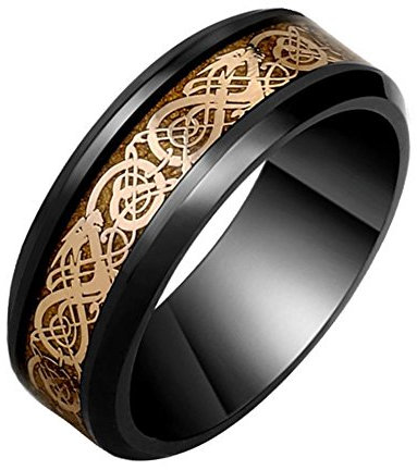 HIJONES Men's Black Plated Stainless Steel Rose Gold Carbon Fiber Celtic Dragon Ring Wedding Band 8mm Size T