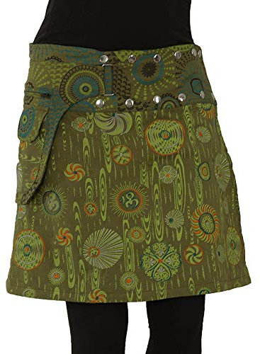 PUREWONDER Damen Wickelrock Baumwolle Rock mit Tasche sk184 Grün Einheitsgröße Verstellbar