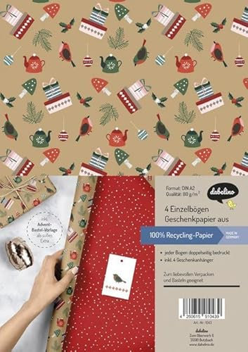 Geschenkpapier Set Weihnachten: Modernes Ornamente-Muster: 4x doppelseitige Einzelbögen + 4x Geschenkanhänger