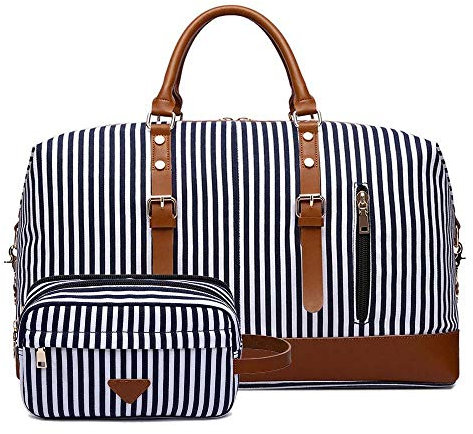 Neuleben 2 Set Reisetasche & Kulturtasche aus Canvas Leder Unisex Streifen Weekender Tasche Kulturbeutel Groß (2 Teile B)