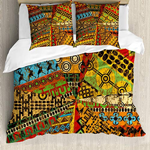 ABAKUHAUS afrikanisch Bettbezugs Set Für Doppelbetten, Grunge Motive, Milbensicher Allergiker geeignet mit Kissenbezügen, Gelb Rot