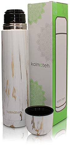 KALMATEH Modern & Elegant Yerba Mate Thermos- Vacuum Insulated and Double Walled 18/8 Stainless Steel- BPA Free - Thermos Specially Designed for Use With Mate Cup or Mate Gourd (Gold Marble, 1000ml)