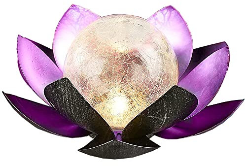SUAVER Lampe solaire LED en forme de lotus en forme de boule de verre craquelé pour décoration de jardin, lanterne solaire en métal, nénuphar, lampe de table d'extérieur (violet)