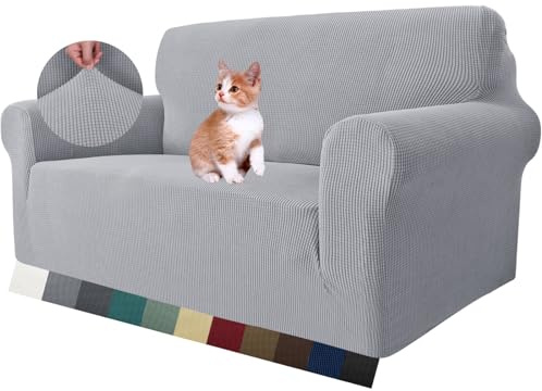 MAXIJIN Super Stretch Couch Bezug für 2-Sitzer Couch, 1-teilige Universal Love Sitzbezüge Jacquard Spandex Sofa Protector Hunde Haustierfreundliche Loveseat Schonbezug (2 Sitzer, Silber-Grau)