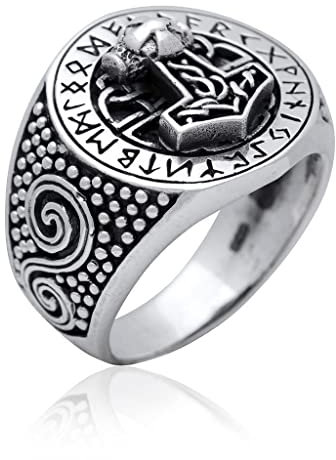 Beowolf THORSHAMMER Silber Ring Runen Wikinger Siegel Ring Statement Mjölnir Vikings Ring Amulett 925 Sterlingsilber Celtic (62 (19,7 mm Ø))