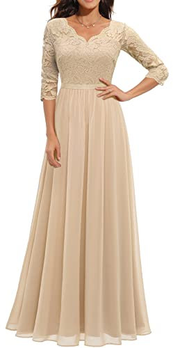 Daisyaner Damen Elegant Maxi Lang Abendkleid mit floraler Spitze V-Ausschnitt Brautjungfernkleider Ballkleid Bodenlang Cocktailkleid Hochzeit Abschlusskleid Champagner S