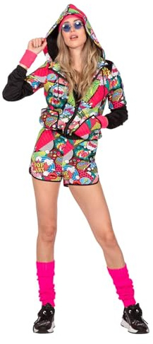 WILBERS & WILBERS - Kurzer Trainingsanzug für Damen | 2-teilig mit Jacke und Shorts, Party Outfit im 80er / 90er Jahre Style, Pop-Art Muster, für Karneval