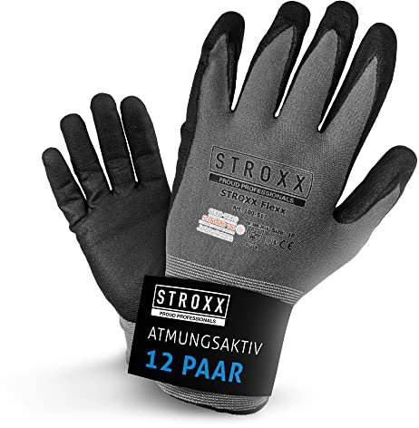 STROXX® 12er Paar Flexx Arbeitshandschuhe | Atmungsaktiv | Schutzhandschuhe | Gartenhandschuhe | Sicherheitshandschuhe | Montagehandschuhe | (9 (L))