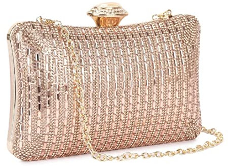 LeahWard Women's Hard Case Clutch Bag Wedding Bags (Rose Gold Diamante Clutch)