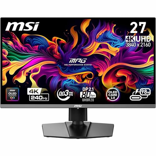 MSI MPG 272URXDE QD-OLED Gaming Monitor, 27 Zoll, 4K UHD, 240 Hz, 0,03 ms | 3840 x 2160, DisplayHDR True Black 400, G-Sync Compatible, DisplayPort 2.1 UHBR20, HDMI 2.1, USB C(98 PD), KVM, OLED Care 2.0