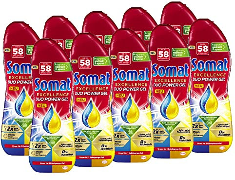 Somat Excellence Duo Power Gel (10 x 58 lavadores) Detergente para lavavajillas para platos limpios y brillantes también en el programa Eco y a bajas temperaturas, limón y lima