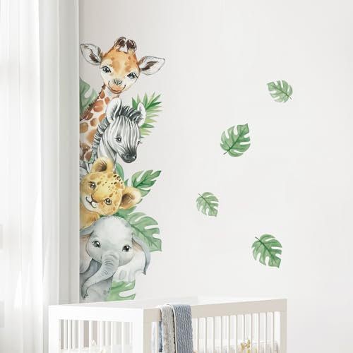 Tanlaby Animales de la Jungla Pegatinas de Pared Animales de dibujos animados Adhesivos Vinilos Jirafa Cebra Hojas Verdes Decorativos Pared para Bebé Habitación Cuarto de Jugar Guardería Infantiles