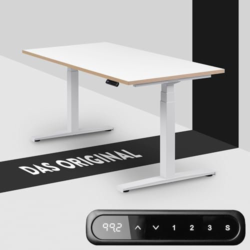 boho office® Höhenverstellbarer Schreibtisch - 120 x 80 cm Elektrisch stufenlos, inkl. Wireless Charger, Memoryfunktion - Basic Line Weiß inkl. Tischplatte in Weiß mit Multiplexkante