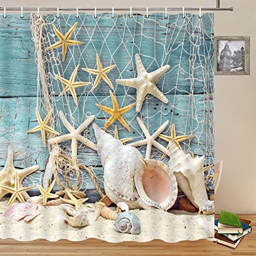 Rideaux de douche océaniques, coquillages, étoiles de mer, conque, paysages marins, filets de pêche, planche en bois bleu, paysage de bord de mer, décoration de salle de bain, tissu polyester à