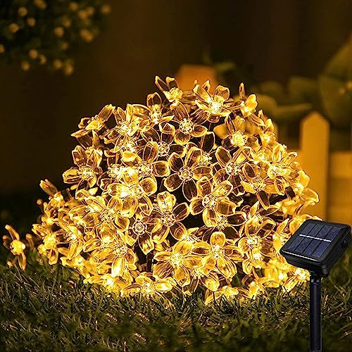 Solar Lichterkette Außen, XRR 7 M 50LED Solar Kirschblüte Außen Garten 8 Modi Blumen Solar LED Lichterkette Wasserdichte Solarlichterkette für Garten, Balkon, Hochzeit, Zaun, Dekorationen(Warmes Weiß)
