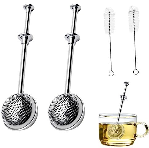 2 pcs Ball-Shaped Tea Infusers with Straw Cleaning Brushes, Stainless Steel Long-Handle Tea Strainer for Loose Leaf Tea or Spices, Reusable Fine Mesh Tea Interval Diffuser (Sliver)
