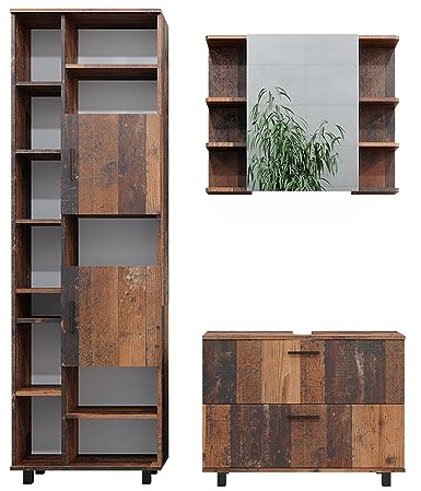Vicco Badmöbel-Set Eiche rustikal Ilias, bestehend aus Bad Spiegelschrank, Waschbeckenunterschrank, Hochschrank - Offene und geschlossene Fächer für Flexible Aufbewahrung
