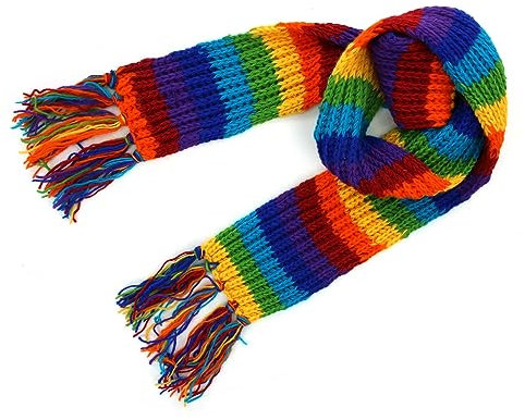 LOUDelephant Langer, gestreifter Schal aus grobem Wollstrick, Streifen in hellem Regenbogenfarben, Einheitsgröße