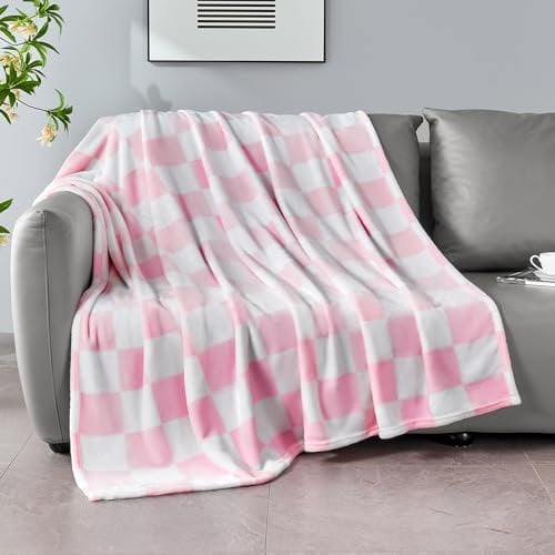 Edenleaf Rosa karierte Decke, weiche, gemütliche Fleece-Überwurfdecken für Bett, Sofa, Couch, Camping, ultraflauschige Überwürfe für alle Jahreszeiten, 127 x 152 cm, Rosa