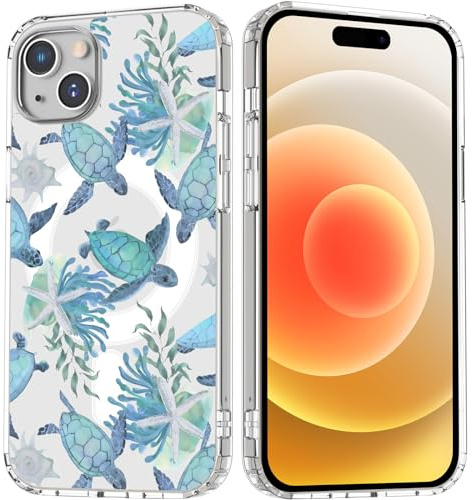 HQKALO Sea Turtle Magnetische Hülle für iPhone 15 Plus mit MagSafe Wireless Charging Clear Cute Sea Star Painting Mädchen Frau Weich Slim TPU Anti-Scratch Stoßfest Schutzhülle