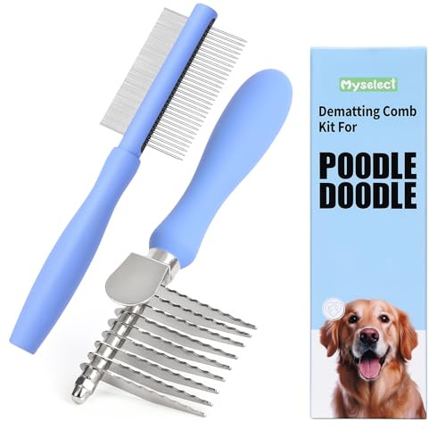 Dematting Comb for Poodle Doodle Goldendoodle, Dematting Rake & Detangling Dual-Sided Comb Tool for Long Curly Haired Dogs and Cats, Poodle Doodle Grooming Brush Kit for Removing Mats and Tangles
